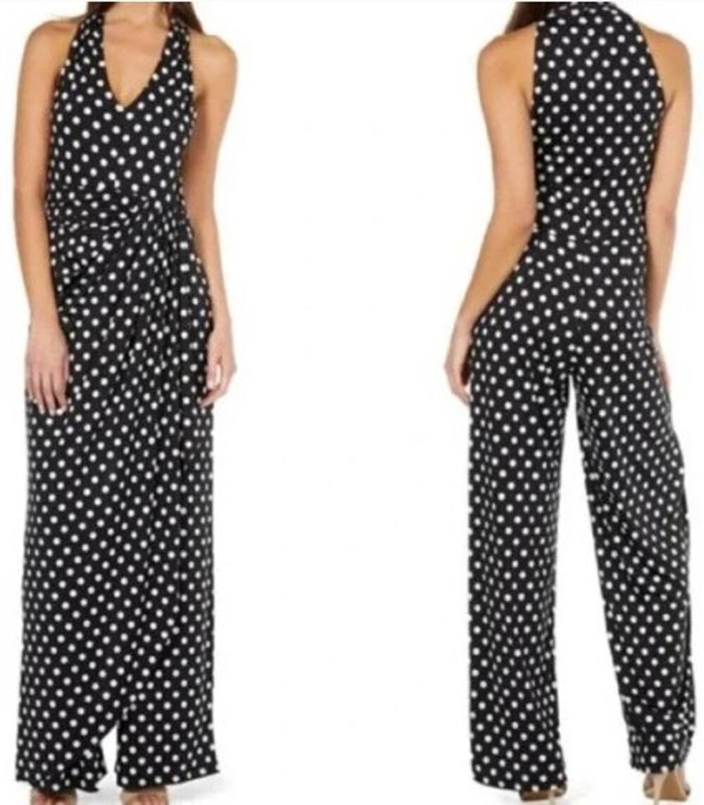 Marina Women Black White Polka Dot Wrap Front V Neck Jumpsuit Size 4 or 14